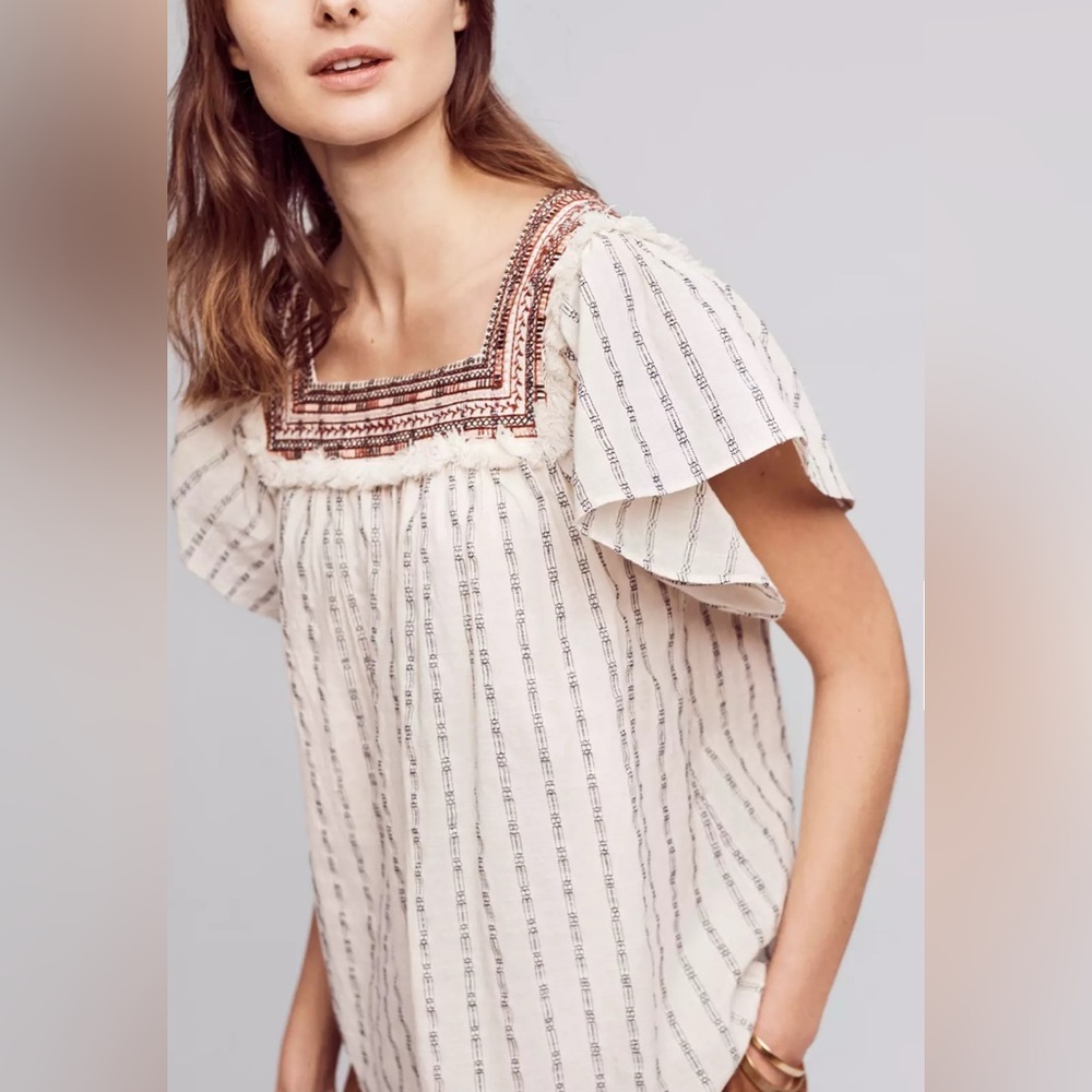 Boho Square-Neck Embroidered Flutter Sleeve Top - Cream with Rust Accents